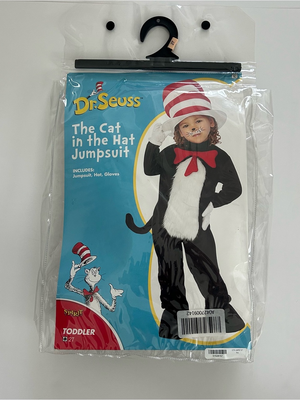 Dr. Seuss Cat in the Hat Toddler 2T Costume Spirit Halloween Jumpsuit Hat Gloves